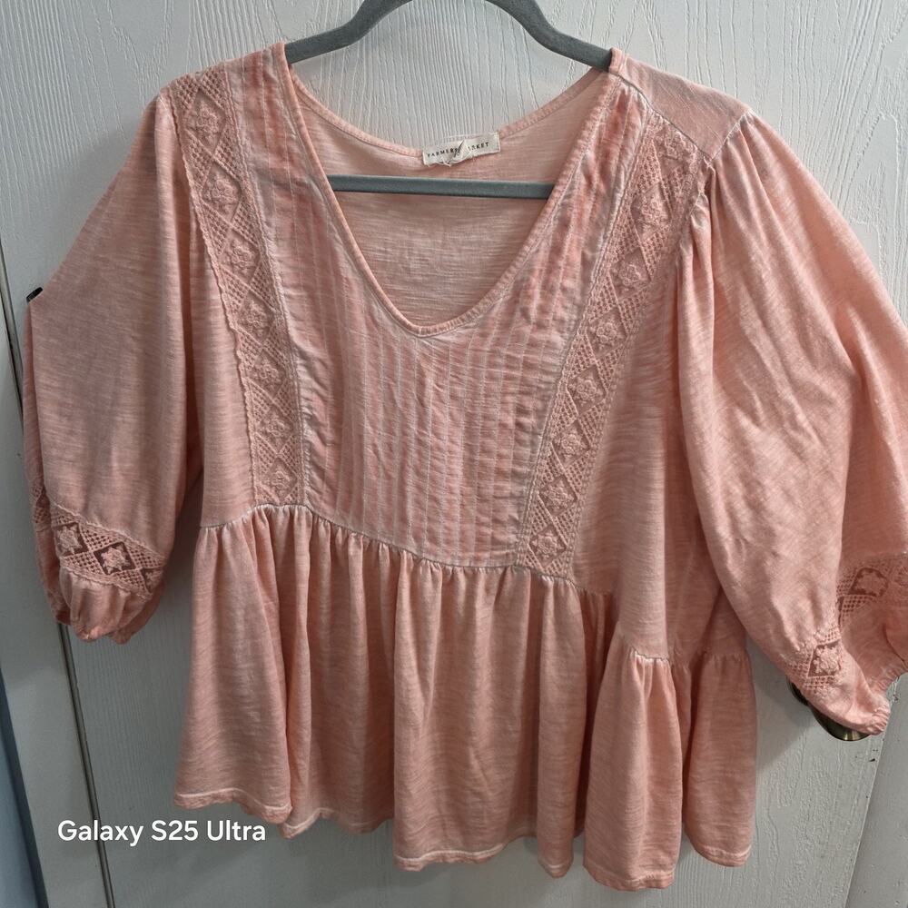 Farmers‎ Market Top Womens XL 3/4 Sleeve Peasant Crocheted Lace Coral